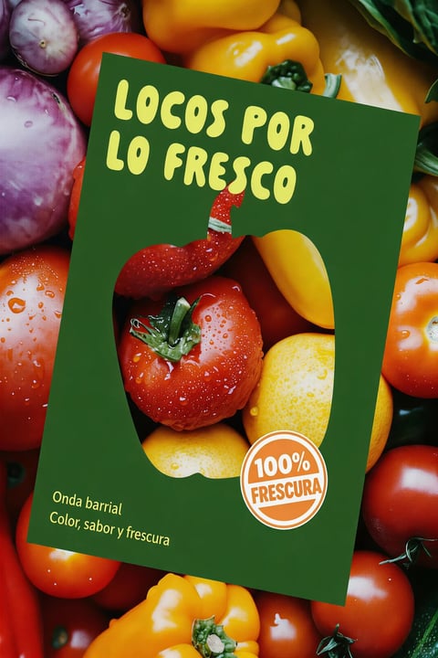A vertical, close-up product design showcases a dark green packaging card superimposed over a vibrant, tightly packed arrangement of fresh vegetables. The main subject is the green card, which features an irregularly shaped, organic cutout in its center, framing a detailed view of fresh produce behind it, specifically a red strawberry with visible seeds and a round, red tomato covered in fine water droplets. The background consists of whole, fresh produce including red tomatoes with water droplets, whole yellow bell peppers, and a large, striated purple and white onion, filling the frame edge-to-edge and creating a dense, abundant scene. Visible text is rendered in a playful, rounded, sans-serif font in a pale yellow color. At the top of the green card, the phrase 'LOCOS POR LO FRESCO' is displayed in large, bold letters. In the bottom left corner, smaller text reads 'Onda barrial' above 'Color, sabor y frescura'. In the bottom right corner, an orange and white circular badge contains the text '100% FRESCURA'. The visual aesthetic is a high-quality, photorealistic style that emphasizes fresh food, with sharp details and a vibrant, appetizing appeal. The color language is dominated by a rich, dark forest green on the packaging card, which contrasts sharply with the highly saturated reds of the tomatoes and strawberry, the bright, glossy yellows of the bell peppers, and the deep purples of the onion. The lighting approach features bright, diffuse studio light that creates soft, specular highlights on the smooth, waxy surfaces of the vegetables and distinct reflections on the individual water droplets, conveying a crisp, fresh quality. The texture and material feel are distinctly tactile, highlighting the smooth, glossy skin of the tomatoes, the pebbled surface of the strawberry, the waxy sheen of the peppers, and the matte finish of the dark green card. The composition utilizes a flat, layered arrangement where the solid green card acts as a strong foreground element, creating a frame-within-a-frame effect through its organic cutout, which directs the viewer's focus to the central produce while maintaining a shallow perceived depth. The shape language contrasts the strong, rectangular outline of the green card with the flowing, natural curves of the vegetable cutout and the rounded, organic forms of the produce. The overall mood and atmosphere are energetic, wholesome, and vibrant, evoking a sense of natural abundance and immediate freshness.