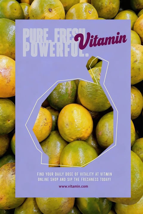 The overall image is a vertical promotional poster featuring a dense, close-up photograph of fresh citrus fruits, likely oranges or tangerines, with greenish-yellow peels. A central, light purple rectangular overlay contains a stylized cutout in the shape of a potion bottle or flask, through which more of the citrus fruits are visible, creating a layered depth effect. The visual aesthetic combines photorealistic food photography with flat graphic design elements. The color language is dominated by the warm, saturated yellows and greens of the citrus against the cool, muted lavender-purple of the overlay, creating a vibrant contrast. Lighting appears to be natural, diffuse daylight, highlighting the textured, slightly bumpy surfaces of the fruit peels with soft shadows. Texture and material feel are defined by the waxy, organic skin of the citrus contrasting with the smooth, flat digital overlay. Composition patterns use a central framing device (the bottle shape) to draw focus, with the surrounding fruit creating a busy, textured border. Shape language is a mix of organic, spherical fruits and the clean, geometric lines of the bottle cutout and rectangular overlay. Visible text in the image includes the large, stylized headline 'PURE. FRESH. POWERFUL.' in white block letters and 'Vitamin' in a dark magenta script font at the top of the purple overlay. At the bottom, smaller white sans-serif text reads 'FIND YOUR DAILY DOSE OF VITALITY AT VITAMIN ONLINE SHOP AND SIP THE FRESHNESS TODAY!' followed by the URL 'www.vitamin.com' in dark magenta. The text plays a key role in branding and call-to-action. The overall mood is fresh, vibrant, and health-oriented, with an energetic and inviting atmosphere.