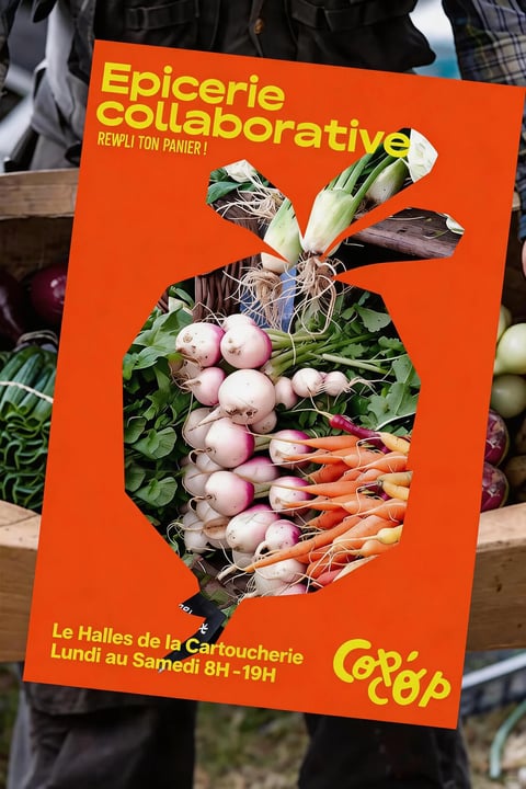 The image features a vibrant orange promotional flyer for a 'Epicerie collaborative' (collaborative grocery), held up in front of a blurred background of a person in a dark jacket and wooden crates of produce. The flyer's central graphic is a playful cutout of a shopping bag silhouette filled with fresh, colorful vegetables, including pink radishes with green tops, orange carrots, and white and green onions. The composition uses a strong, warm orange background that contrasts with the natural colors of the produce. Visible text includes the main title 'Epicerie collaborative' in bold, rounded yellow font at the top, with the smaller tagline 'REWPLI TON PANIER !' below it. At the bottom, location and hours are listed as 'Le Halles de la Cartoucherie' and 'Lundi au Samedi 8H - 19H' in a matching yellow font, alongside a stylized yellow logo reading 'Cop'op'. The visual aesthetic is flat and graphic with a photorealistic element, featuring high color saturation, soft lighting on the vegetables within the cutout, and a tactile, paper-like texture for the flyer itself. The composition is centered and direct, with the organic shapes of the produce contrasting against the geometric, angular cutout of the bag shape, creating a cheerful, community-focused, and fresh atmosphere.