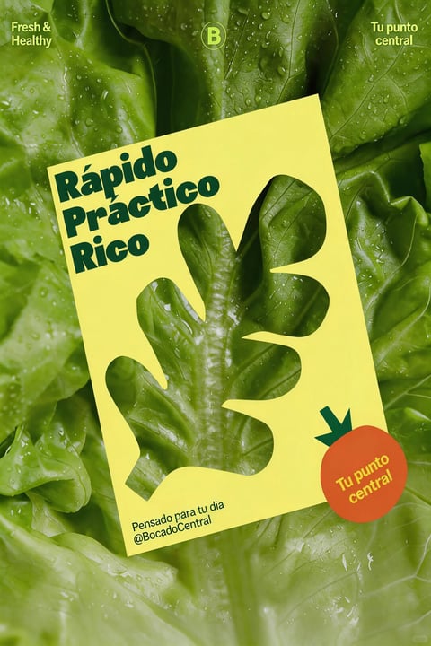 This is a promotional graphic for a fresh food brand, featuring a close-up background of vibrant green leafy vegetables, likely lettuce, covered in glistening water droplets that emphasize freshness. The main composition centers on a bright yellow rectangular card placed diagonally across the greens. This card features a cutout silhouette in the shape of an oak leaf, revealing the textured green vegetable behind it. In the upper left of the card, bold dark green text reads 'Rápido Práctico Rico' in a sans-serif font. In the bottom right corner of the card, a small red circular icon with a green top resembles a tomato, containing the yellow text 'Tu punto central'. Below the leaf cutout on the card, smaller dark text reads 'Pensado para tu día @BocadoCentral'. In the top corners of the overall image, small yellow text states 'Fresh & Healthy' on the left and 'Tu punto central' on the right, with a small yellow circle containing the letter 'B' at the top center. The visual aesthetic is a blend of photorealistic textures for the vegetables and flat, graphic design for the card elements. The color language is dominated by high-saturation greens and a vibrant primary yellow, creating a fresh and energetic contrast. The lighting is bright and even, highlighting the wet textures of the leaves. The composition uses a strong diagonal overlay to create depth and visual interest, blending organic shapes from nature with clean, geometric graphic elements.