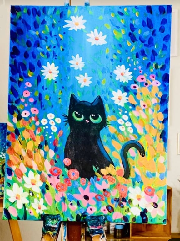 Whimsical painting of a black cat in a colorful flower garden