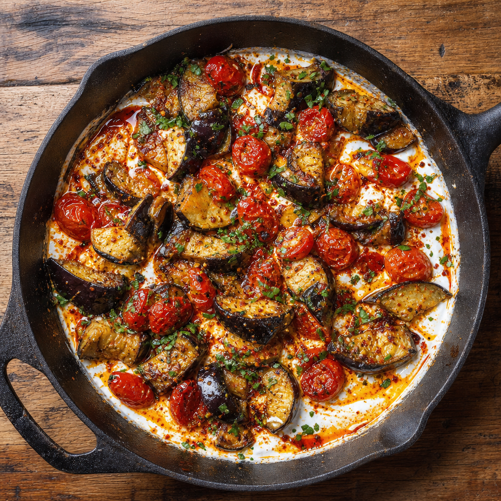 Roasted Aubergine, Tomato and Harissa Yoghurt