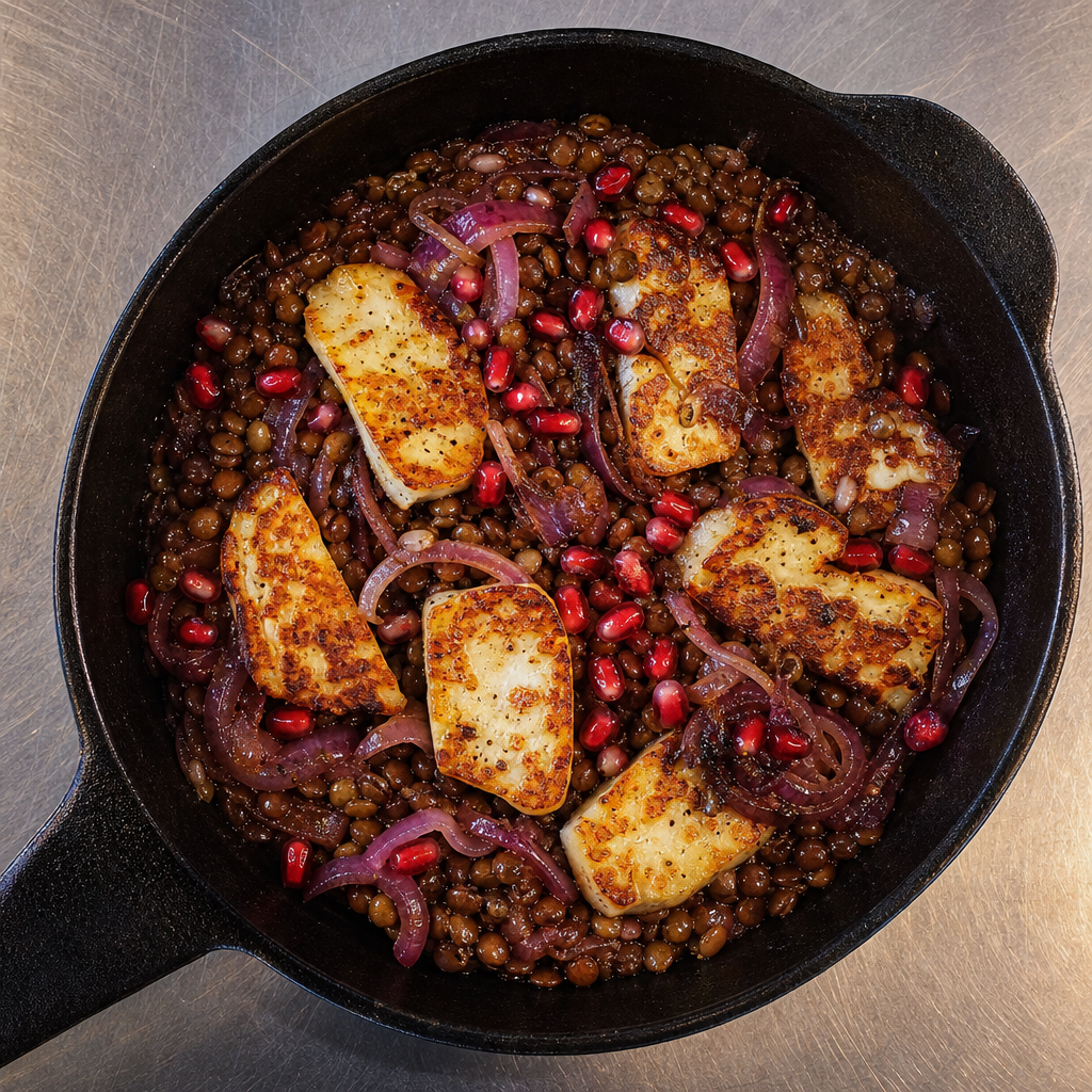 Warm Halloumi, Lentil and Pomegranate