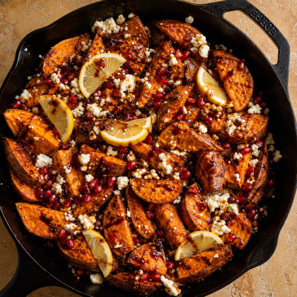 Roasted Sweet Potato, Feta and Pomegranate Molasses
