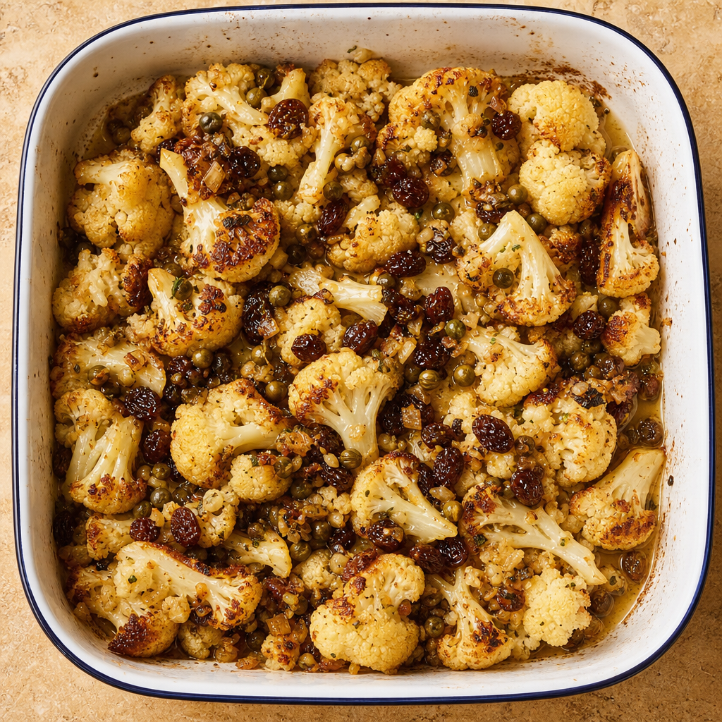 Roasted Cauliflower, Raisin and Caper Dressing