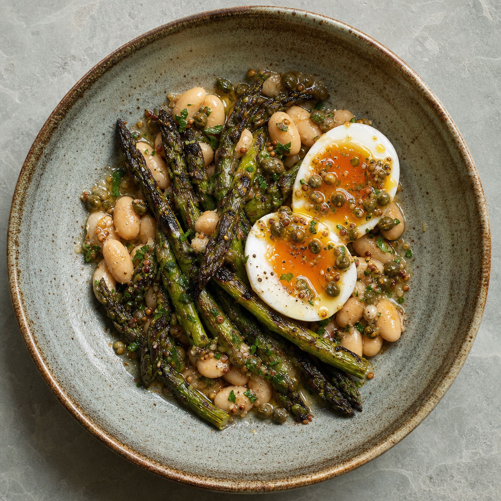 Charred Asparagus, Soft-Boiled Egg and Caper Vinaigrette