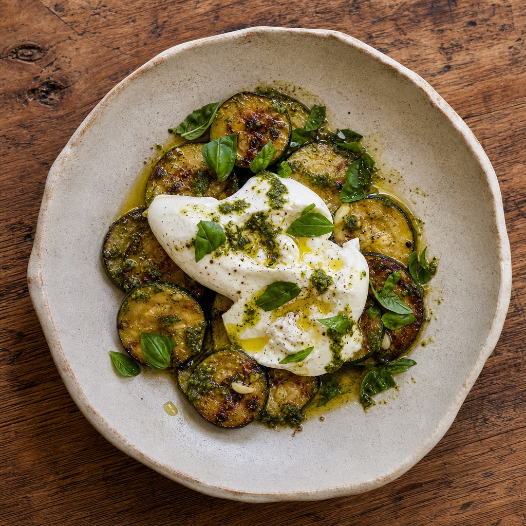 Griddled Courgette, Burrata and Basil Oil