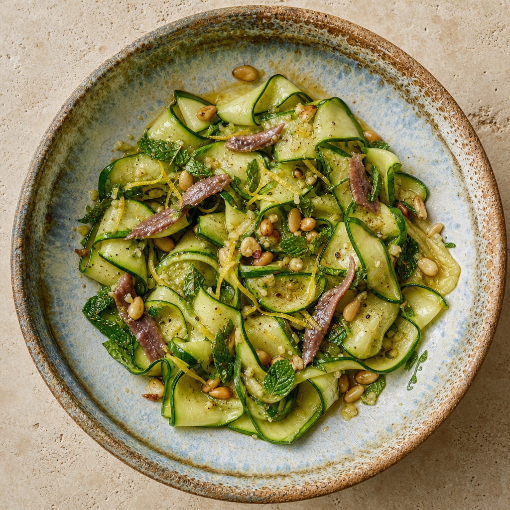 Courgette Ribbons, Mint and Toasted Pine Nuts