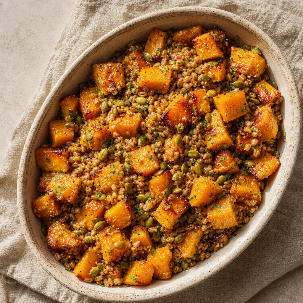 Spelt, Roasted Squash and Toasted Pumpkin Seeds