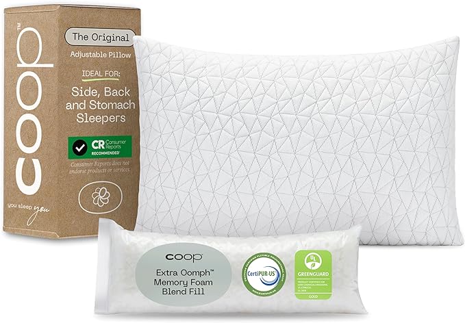 Coop Home Goods Original Adjustable Pillow, Queen Size Bed Pillows for Sleeping, Cross Cut Memory Foam Pillows - Medium Firm Back, Stomach and Side Sleeper Pillow, CertiPUR-US/GREENGUARD Gold