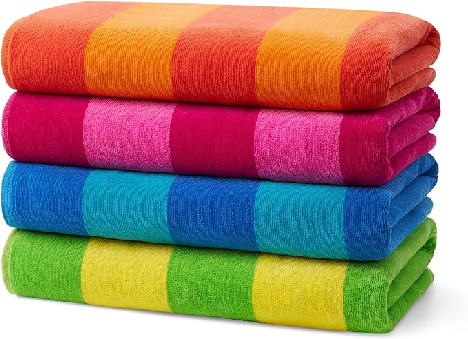 Ben Kaufman 100% Cotton Velour Towels - Large Cotton Towels - Soft & Absorbant - Assorted Striped Colors - 30” x 60” - 4 Pack