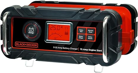BLACK+DECKER BC25BD Fully Automatic 25 Amp 12V Bench Battery Charger/Maintainer with 75A Engine Start, Alternator Check, Cable Clamps