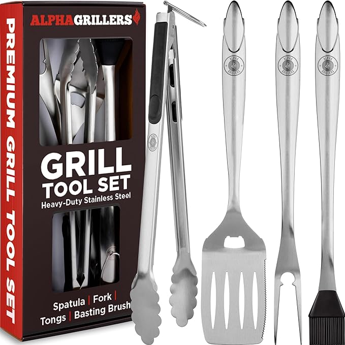 Alpha Grillers Grill Set Heavy Duty BBQ Accessories - BBQ Gifts Tool Set 4pc Grill Accessories with Spatula, Fork, Brush & BBQ Tongs - Grilling Cooking Gifts for Men Dad Durable, Stainless Steel