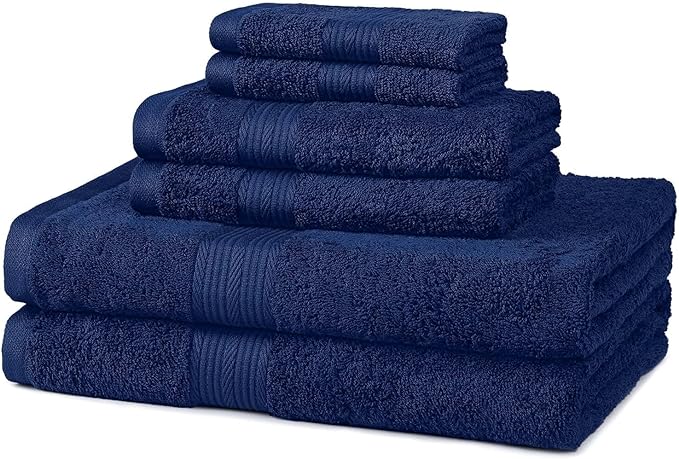 Amazon Basics - 6 Piece Fade Resistant Oversize Bath Towel, Hand and Washcloth Set, 100% Cotton, Navy Blue