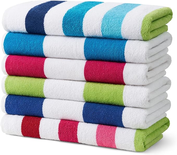 Ben Kaufman Cabana Stripe Beach & Pool Towel - Large Cotton Terry Beach Towel - Soft & Absorbant - Assorted Colors - 30" x 60" - 6 Pack