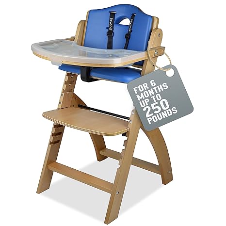 Abiie Beyond Junior Convertible Wooden High Chairs for Babies & Toddlers. 3-in-1 Adjustable High Chair with Removable Tray, Easy to Clean, Portable. 6 Months up to 250 Lb. Natural Wood/Blue Cushion