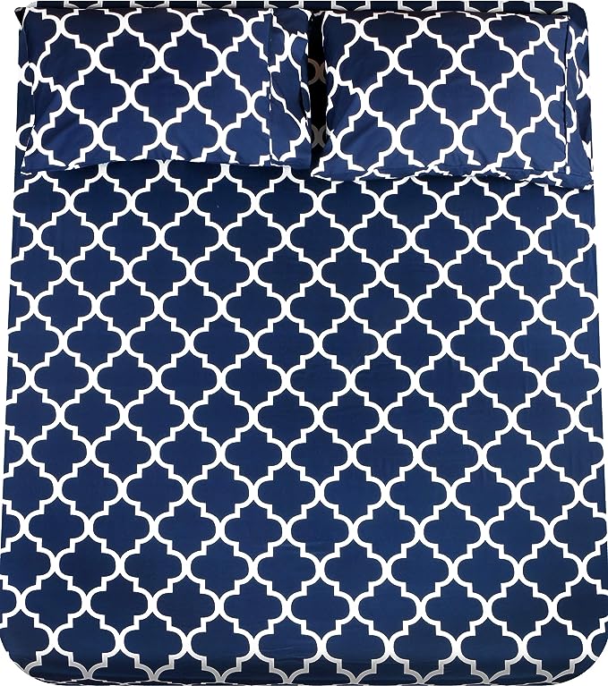 Utopia Bedding Queen Sheet Set, Soft Microfiber 4 Piece Bed Sheets with 15" Deep Pocket - Easy Care Brushed Microfiber (Quatrefoil - Navy)