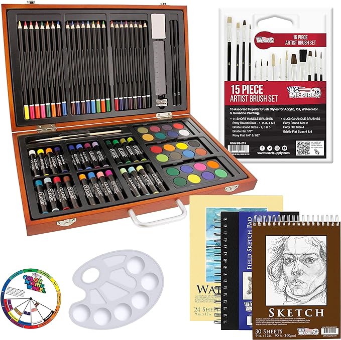 102-Piece Deluxe Wooden Art Supply Set - 24 Watercolors, 17 Brushes, 24 Colored Pencils, Sketch Pads
