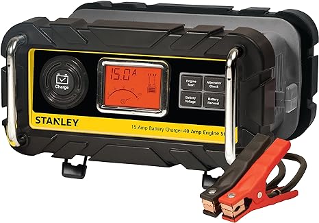 STANLEY BC15BS Fully Automatic 15 Amp 12V Bench Battery Charger/Maintainer with 40A Engine Start, Alternator Check, Cable Clamps