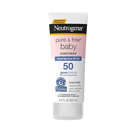 Neutrogena Pure & Free Baby Mineral Sunscreen Lotion with Broad Spectrum SPF 50 & Zinc Oxide, Water-Resistant, Hypoallergenic & Tear-Free Baby Sunscreen, 3 fl. oz