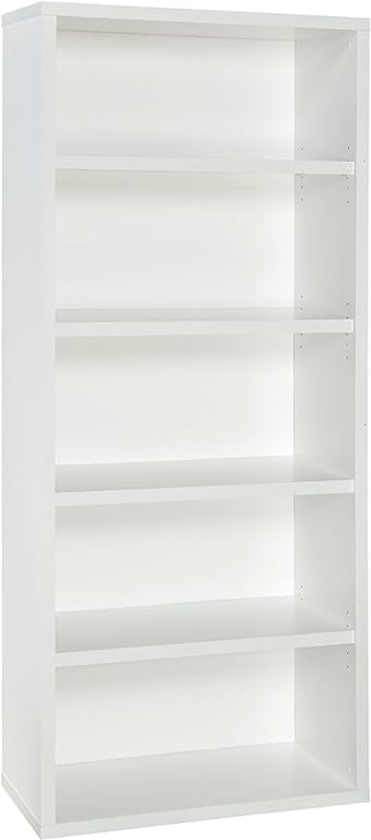 ClosetMaid Bookshelf with 5 Shelf Tiers, Adjustable Shelves, Tall Bookcase Sturdy Wood with Closed Back Panel, White Finish