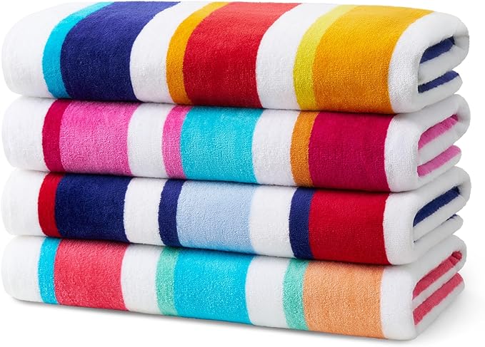Ben Kaufman Joey Velour Colored Classic Multi-Color Stripe Beach & Pool Towel - Large Cotton Towel - Soft & Absorbant - Assorted Colors - 32” x 62” - 4 Pack