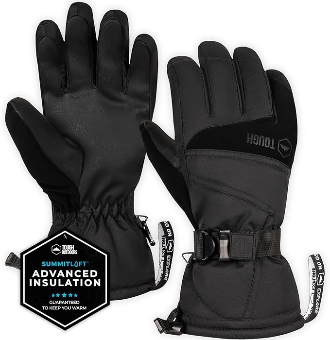 Tough Outdoors Ski Gloves - Waterproof Snow Gloves for Women and Men - Winter Snowboard Gloves - Skiing & Snowboarding Gloves for Cold Weather - with Wrist Leashes, Nylon Shell, Thermal Insulation