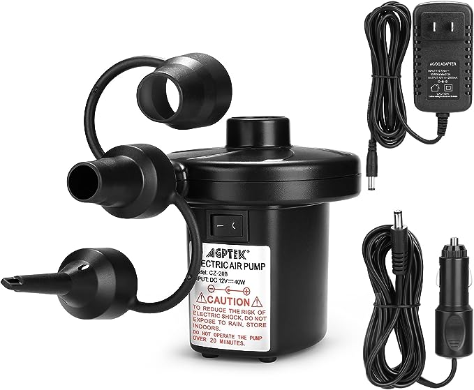 AGPTEK Electric Air Pump with 3 Nozzles, 110V AC/12V DC, Portable Quick-Fill Perfect Inflator/Deflator Pumps for Outdoor Camping, Inflatable Cushions, Air Mattress Beds, Boats, Swimming Ring