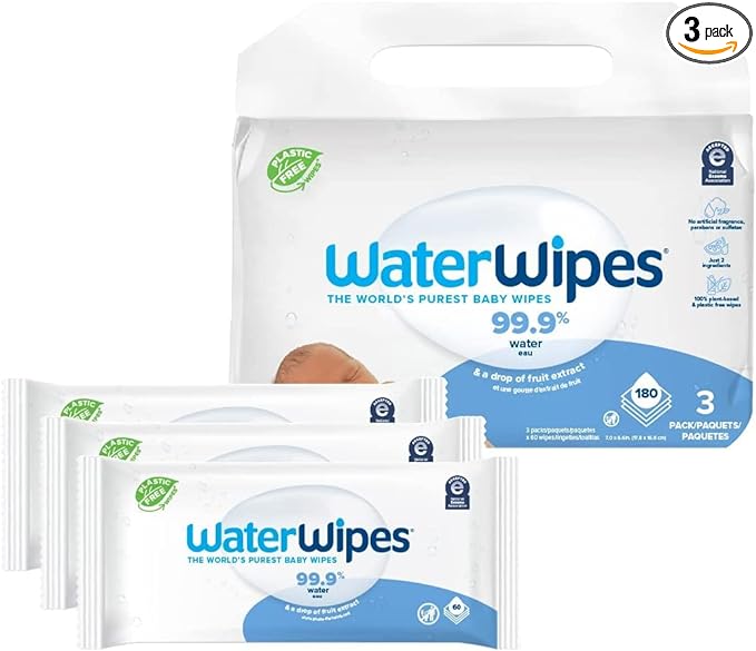 WaterWipes Plastic-Free Original Baby Wipes, 99.9% Water Based Wipes, Unscented & Hypoallergenic for Sensitive Skin, 180 Count (3 packs), Packaging May Vary