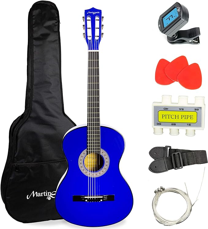 Martin Smith Acoustic Guitar Kit with Gig Bag, Plectrums, Pick Holder, Tuner, Strap & Spare Strings 6 Pack, Right, Blue (W-38-BL)