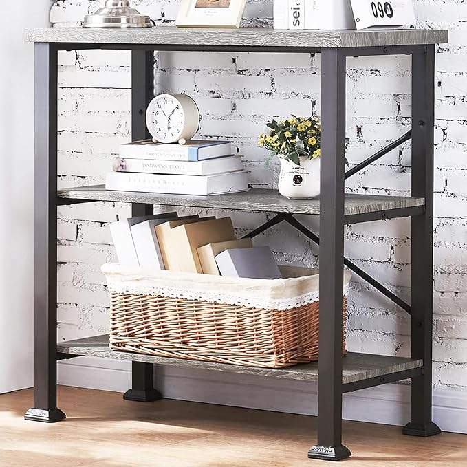 HOMBAZAAR Bookshelf, 3-Tier Vintage Industrial Book Shelf, Rustic Wood and Metal Bookcase and Bookshelves, Free Standing Storage Small Bookshelf for Living Room, Bedroom and Kitchen, Grey Oak