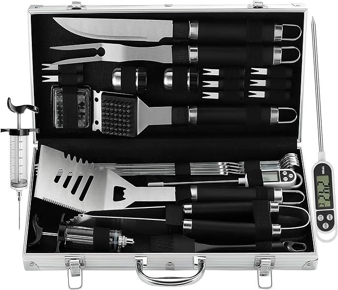 grilljoy 24PCS BBQ Grill Tools Set with Meat Thermometer and Injector - Extra Thick Stainless Steel Fork, Spatula& Tongs - Complete BBQ Accessories in Aluminum Case - Perfect Grill Gifts for Men
