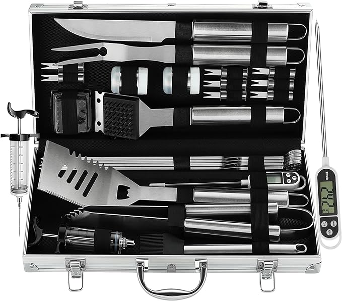 grilljoy 24PCS BBQ Grill Tools Set with Meat Thermometer and Injector - Extra Thick Stainless Steel Spatula, Fork& Tongs - Complete BBQ Accessories in Aluminum Case - Perfect Grill Gifts for Men