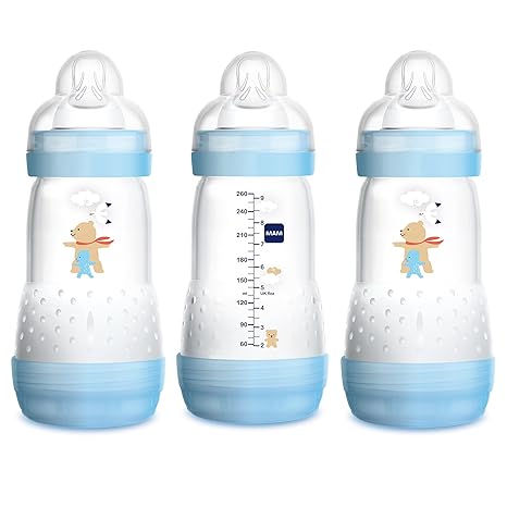 MAM Easy Start Anti-Colic Bottle 9 oz (3-Count), Baby Essentials, Medium Flow Bottles with Silicone Nipple, Baby Bottles for Baby Boy, Blue