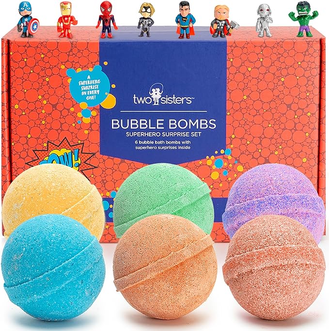 Superhero Bath Bombs for Kids with Surprise Toy Inside, 6 Pack Bubble Bomb Fizzies, Fruity Scents, Relaxing Aromas, USA Made, Ideal Birthday Gift for Girls & Boys by Two Sisters