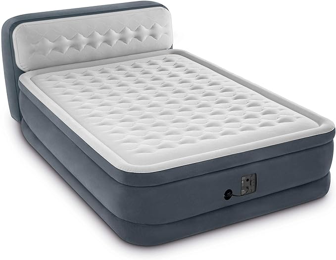 Intex Dura-Beam Ultra Plush Inflatable Pillow Top Bed Air Mattress with Headboard, Built-in Internal Electric Pump and Carry Storage Bag, Queen, Gray