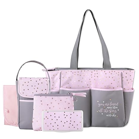 Diaper Bag Tote 5 Piece Set with Sun, Moon, and Stars, Wipes Pocket, Dirty Diaper Pouch, Changing Pad (Grey/Pink)