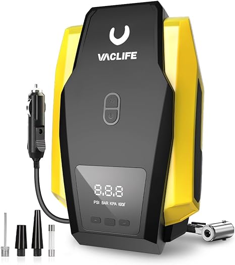 VacLife Tire Inflator Portable Air Compressor - Air Pump for Car Tires, 12V DC 100PSI Tire Pump for Bikes with LED Light, Digital Pressure Gauge, Car Accessories, Yellow (VL701)