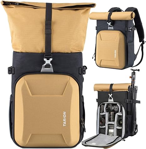 TARION XH Camera Backpack Waterproof Camera Bag Hard Shell Roll Top Expandable Large Camera Backpack 18.5L | 15" Laptop Compartment with Waterproof Rain Cover for Women Men Photographer Lens Tripod