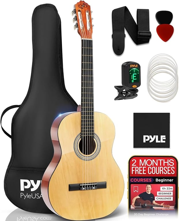 Pyle Beginner Acoustic Guitar Kit, 3/4 Junior Size All Wood Instrument for Kids, Adults, 36" Natural Ash