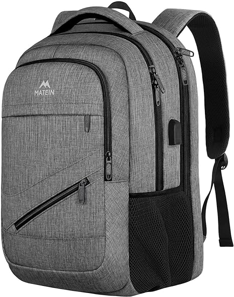 MATEIN Travel Laptop Backpack, 17 inch Business Flight Approved Carry on Backpack, TSA Large Travel Backpack for Men Women with USB Charger Port & Luggage Sleeve, Durable College Rucksack Bag, Grey