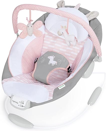 Ingenuity Soothing Baby Bouncer Infant Seat with Vibrations, -Toy Bar & Sounds, 0-6 Months Up to 20 lbs (Pink Flora the Unicorn)