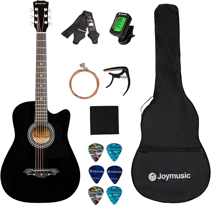 Joymusic 38 inch black beginner acoustic guitar,bundle with a strap with picks holder,digital tuner, set strings, capo,cleaning cloth,6 picks,gig bag.（JG-38C,BK）