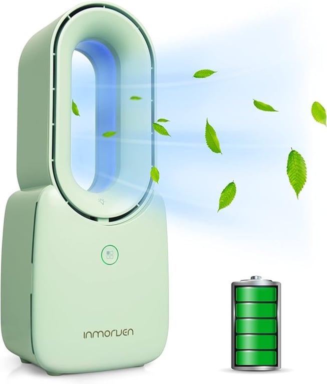 CONBOLA Desk Fan, 11.8 Inch Bladeless Fan Small Table Fan Air Cooler, Portable Rechargeable Breeze Quiet Fan with Touch Control 5-Colors Decorative LED Light for Office Bedroom（Green）