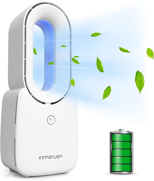 CONBOLA Rechargeable Desk Fan, Bladeless Battery Operated Fan Small USB Quiet Table Fan, 11.8 Inch Personal Fan with Touch Control 5-Colors Decorative LED Light for Office Bedroom（White）