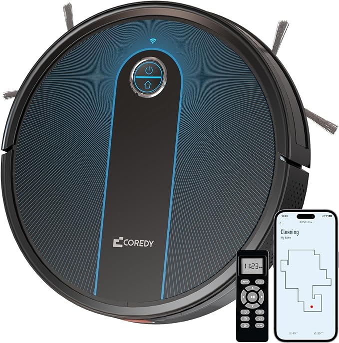 Coredy Robot Vacuum, R650 Ultra Robotic Vacuum with 2200 Pa Strong Suction, Gyro Dynamic Navigation, Z-zag Cleaning Path, App Control, Real Time Map, Compatible Alexa, Ideal for Carpet, Hard Floor