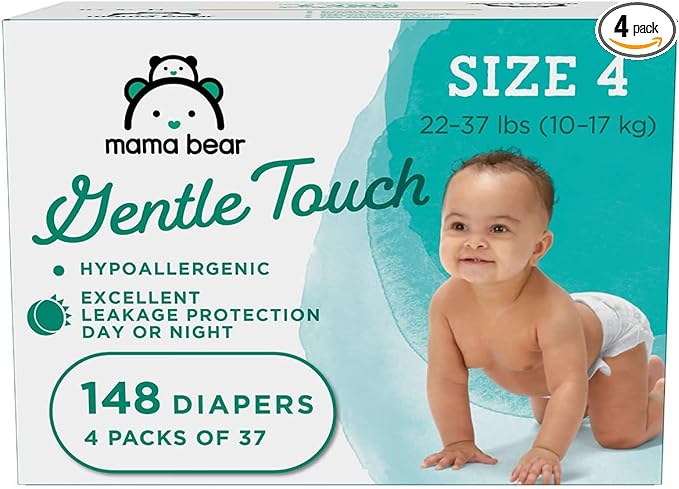Amazon Brand - Mama Bear Gentle Touch Diapers, Hypoallergenic, Size 4, White, 148 Count, 4 Packs of 37