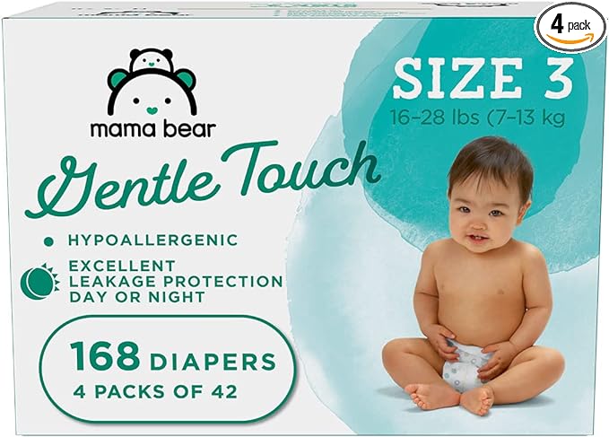 Amazon Brand - Mama Bear Gentle Touch Diapers, Hypoallergenic, Size 3, 168 Count (4 packs of 42), White