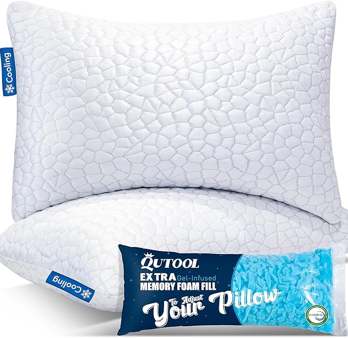 Cooling Gel Pillows for Sleeping, Shredded Memory Foam Pillows 2 Pack, Bed Pillows Queen Size Set of 2, Firm Pillow for Side and Back Sleepers Adjustable Bamboo Pillow with Cooling Removable Cover