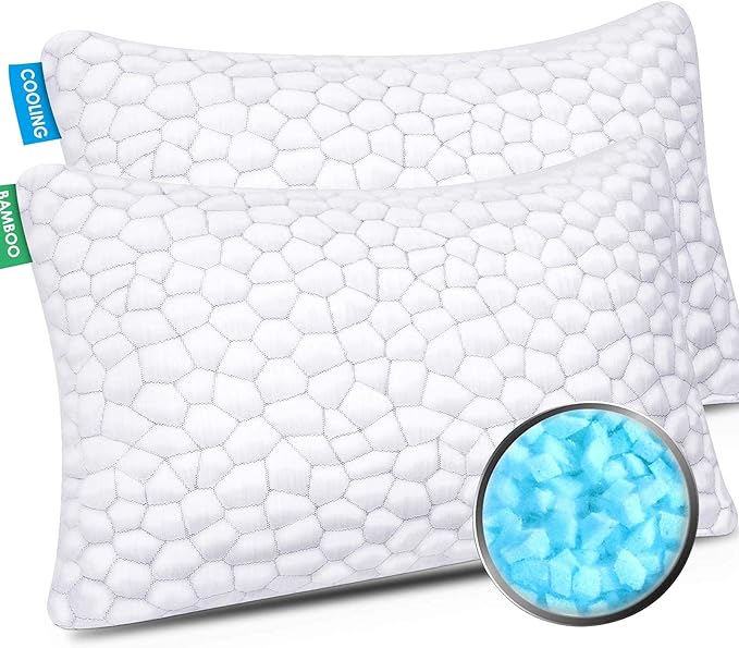 Cooling Bed Pillows for Sleeping 2 Pack Shredded Memory Foam Pillows Adjustable Cool BAMBOO Pillow for Side Back Stomach Sleepers -Luxury Gel Pillows Queen Size Set of 2 with Washable Removable Cover
